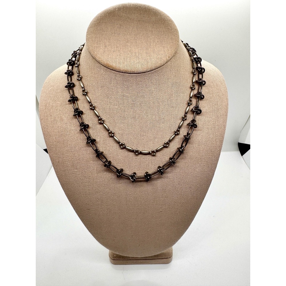 American Eagle AE Boho Silver Layered Chain Necklace Set Knotted Link Industrial